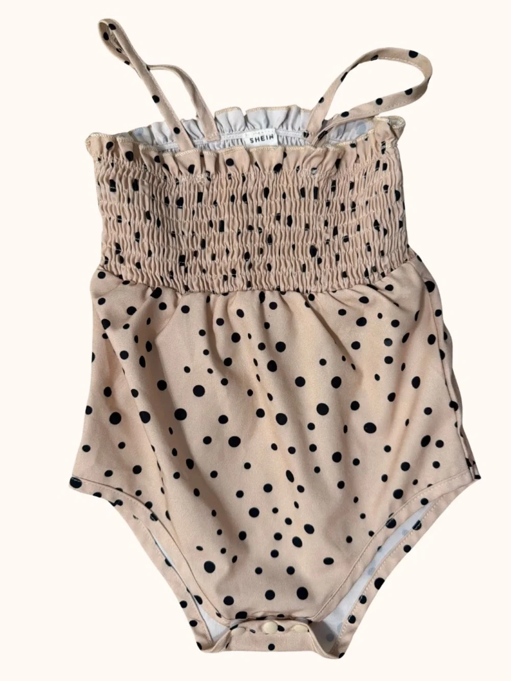 SHEIN Beige Polka Dot Shirred Kids One-Piece